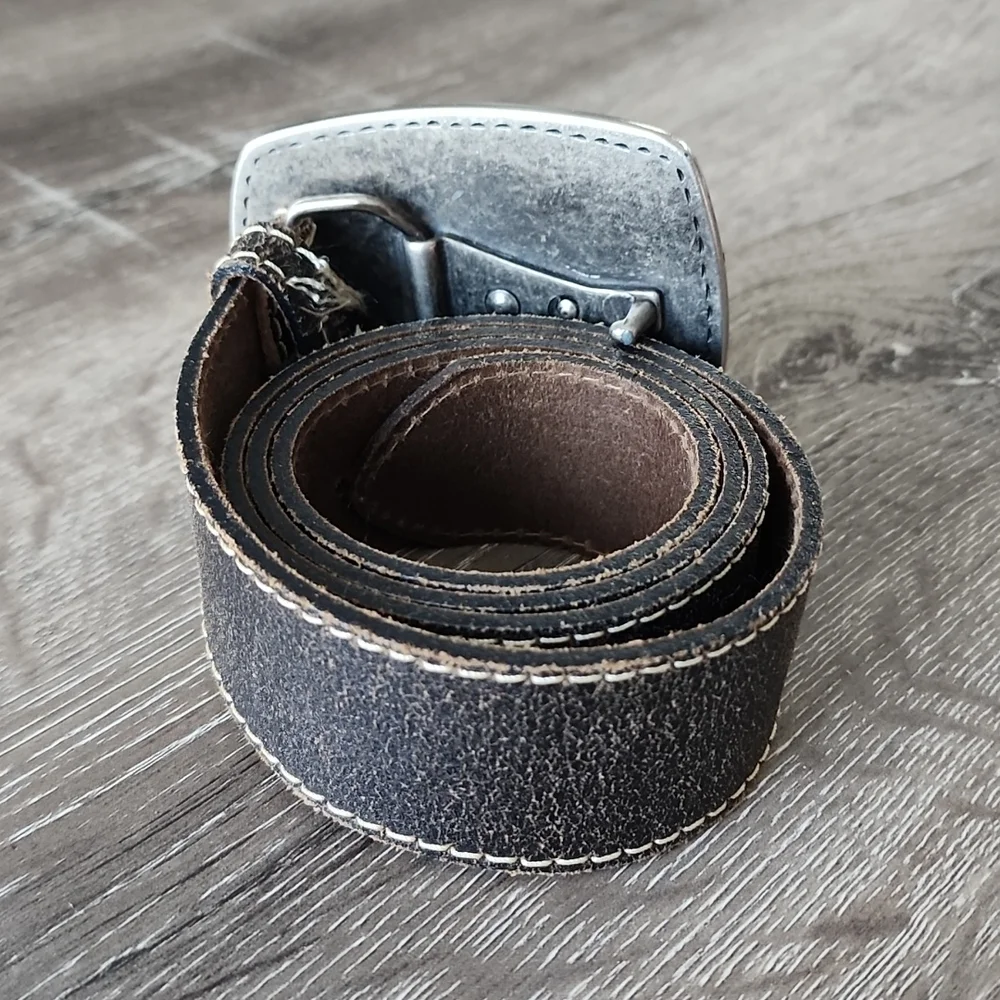 Vintage Landes Distressed Weathered Leather Belt with Silver Nickel Buckle